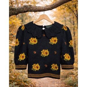 Vintage Cullinan Black Floral Jacquard Sweater Peter Pan Collar Cottagecore S/M